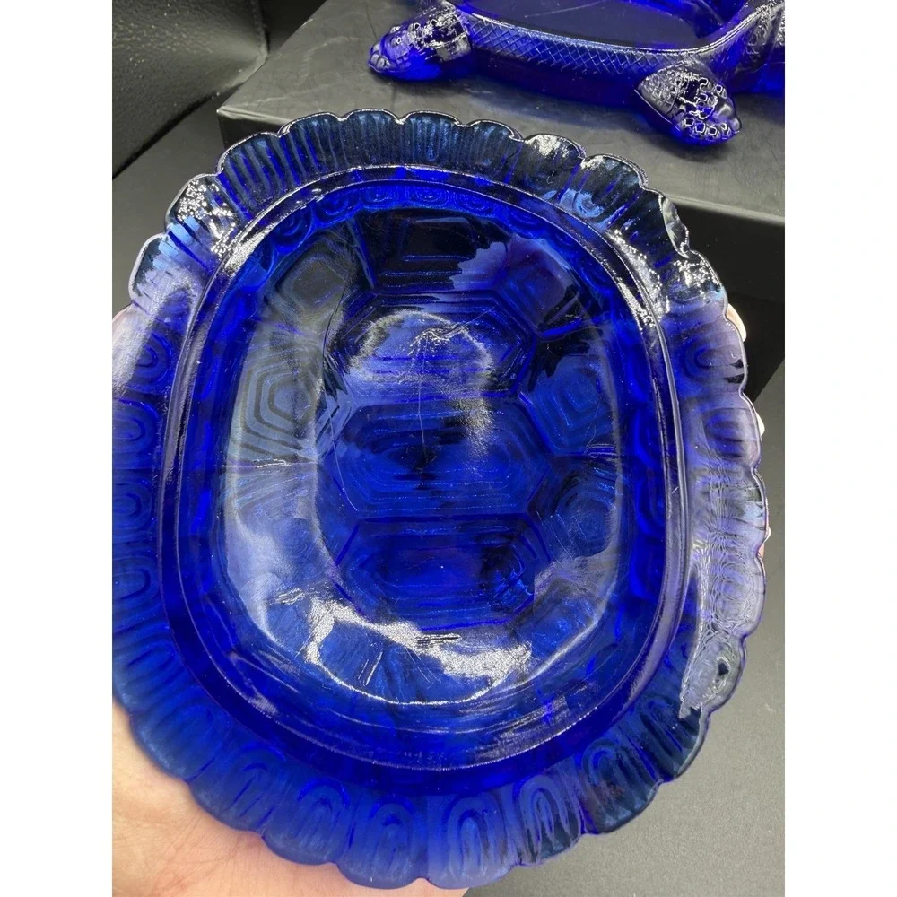 Vintage Cobalt Blue Presser Glass Turtle Trinket Box/ Ring Dish